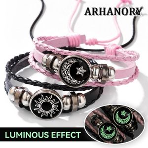 ARHANORY Bracelets assortis pour homme et femme, à chaîne lumineuse réglable, en simili cuir - Noir et rose