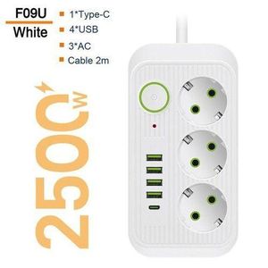 Multiprise 3 prises avec protection contre les surtensions, rallonge de 2 m, 4 ports USB, 1 port Type-C, norme européenne - Blanc