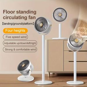 Ventilateur sur Pied 9 Pouces à Hauteur Réglable – Ventilateur de Bureau / Pied / Support, 5 Vitesses, Rechargeable USB & Type-C, Refroidissement Portable à Domicile – Blanc