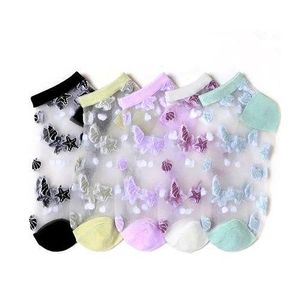 SHJO Chaussettes Courtes Femme Lot de 5 Usage Quotidien Été Tissu Polyester Résille Transparente Motif Papillon Respirant Léger Confortable Multicolore
