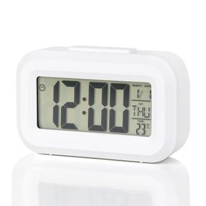 Mini Réveil Électronique avec Compte à Rebours, Affichage Numérique Lumineux, Thermomètre, Calendrier, Design Moderne, pour Bureau/Portable couleur blanche fournit avec 2 pilles AA 1,5V