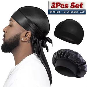 3pcs / lot hommes soie durag longue queue pirate chapeau tête avec capuche dôme vague chapeau unisexe perruque chapeau élastique avec satin chapeau de nuit