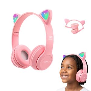 ShebSheb Casque sans fil pour enfants à oreilles de chat LED, casque Bluetooth pliable avec micro, carte TF / connexion filaire, cadeau pour filles et garçons à partir de 7 ans