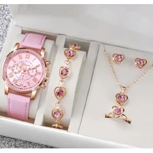 Ensemble 5 pièces pour femme : montre, bague, collier, boucles d'oreilles et bracelet. Montre-bracelet tendance pour femme et jeune fille.