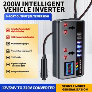 Onduleur automobile 200W de DC 12V/24V à AC 220V, PD + QC3.0, double type C + 4 ports USB, chargeur de téléphone mobile, adaptateur d'allumage, 9-en-1