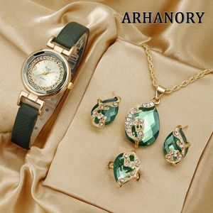ARHANORY Coffret de 4 pièces Montre Quartz Femme Élégante avec Bague, Boucles d'oreilles et Collier - Vert