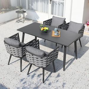 Table à manger en pierre avec 4 chaises en métal et tissu rembourré