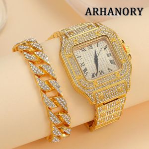 ARHANORY Ensemble Montre et Bracelet Homme Luxe – Montre Carrée Pavée de Diamants et Chaîne Cubaine – Or