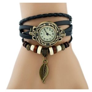 Montre bracelet pour dames à feuille verte rétro