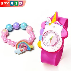 STY Montre et Bracelet pour enfants filles montre Slap Bracelet décoratif arc en ciel dessin Cartoon licorne Design