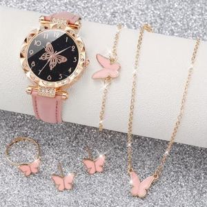 6PCS Femmes montre boucles d'oreilles collier bracelet ensemble montre à quartz papillon bijoux ensemble
