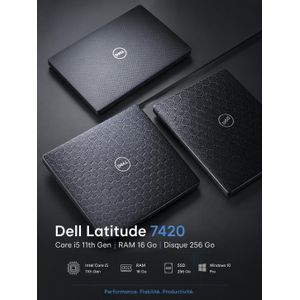 Dell Latitude 7420. Caractéristiques indiquées : Processeur : Intel Core i5 (11ᵉ génération) Mémoire RAM : 16 Go Stockage SSD : 256 Go Système : Windows 10 Pro
