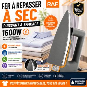 RAF Fer à Repasser à Sec 1600W – Chauffe Rapide – Semelle Antiadhésive – Repassage Facile & Efficace
