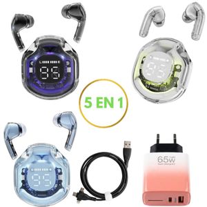 Mega Pack 5 en 1 : 3 Écouteurs Bluetooth Transparents Crystal LED (Noir + Blanc + Bleu) + Chargeur Rapide + Câble Multi-Connecteurs