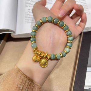 CALLIARA Bracelet en Jade Vert Huile Naturel, Pendentif Fortune Fu Lu en Or Sable, Bracelet Bonne Chance Style Chinois Nouveau