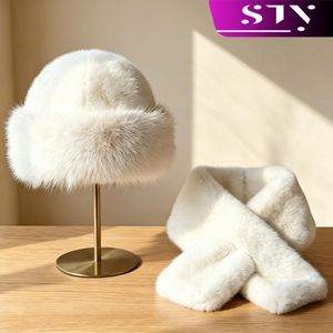 STY Ensemble chapeau + écharpe en fausse fourrure de vison pour femmes 2 en 1, Chapeaux moelleux pour femmes, Écharpes moelleuses, Chapeau blanc et écharpe, Ensemble d'hiver