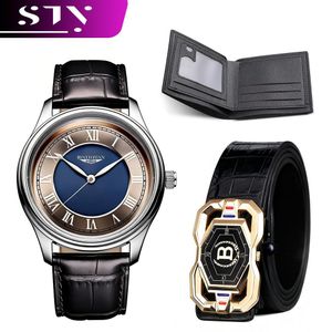 STY Ensemble Montre Homme + Ceinture + Portefeuille, Montre-bracelet Homme, Ceinture Noire, Petit Portefeuille, Bracelet PU, Montre Quartz, Ceinture PU, Ensemble Horizontal