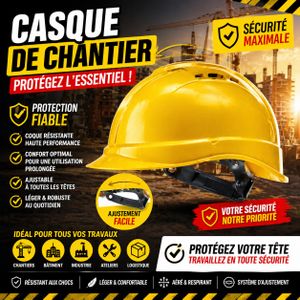 Casque de Chantier Professionnel Jaune – Casque de Sécurité Réglable – Protection Tête BTP, Industrie & Construction – Haute Résistance