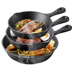 KITCHA Poêles en Fonte – Lot de 3 (16/20/26 cm), Résistantes, Idéales pour Friture, Sautés et Cuisson Quotidienne