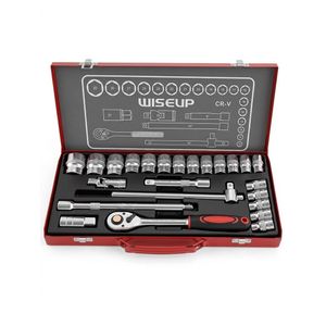 WISEUP Coffret de Douilles et Clé à Cliquet Professionnel  en Acier Chrome-Vanadium (CR-V) - de 10 à 24, 27, 30, 32 - Boîte Métallique Rouge