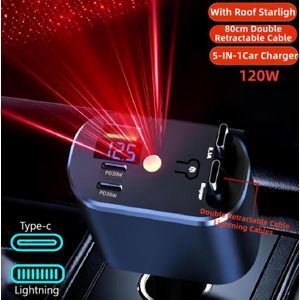 Chargeur Allume-Multifonction Starlight Car Charger 5 en 1 ，Chargeur de voiture rétractable , recharge rapide PD 30 W avec chargeur USB Type-C pour voiture avec éclairage d'ambiance, compatible avec iPhone, Huawei et Samsung