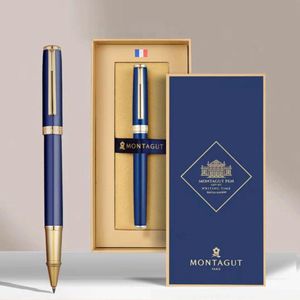 Stylo Roller de Luxe MONTAGUT - Bleu Mat & Finition Or - Coffret Cadeau d'Affaires avec Sac