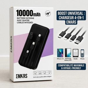 Power Bank - Batterie Externe Portable 4 Câbles Intégrés - 10000mAh - Noir
