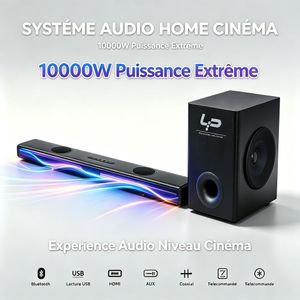 LP Barre de son haute puissance de 12 000 W avec caisson de basses et éclairage Aura - Système d'enceintes Bluetooth pour la maison compatible AUX, COAX, HDMI, USB - XY8J, noir