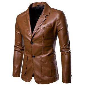 Men's Big Size Windproof Leather Jacket Lapel Suit Leather Jacket Cycling Motorcycle Jacket-Brown