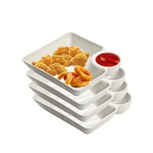 Lot de 4 assiettes à raviolis en plastique – Assiettes à collation avec compartiments à sauce – Assiettes compartimentées pour sushis et sauces – Idéal pour apéritifs, raviolis, poulet frit et desserts