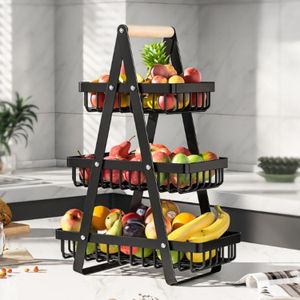 TodyJeyHo Panier à fruits 3 niveaux, panier à légumes métallique détachable avec poignée en bois, bol à fruits pour comptoir de cuisine pour le stockage des fruits et légumes, grand panier à pain, porte-fruits, organiseur de collations