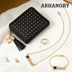 ARHANORY Portefeuille court pour femme et ensemble de bijoux – Petit sac à fermeture éclair avec compartiments à billets et pièces + Parure femme