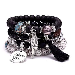 Ensemble de 4 bracelets empilables bohèmes pour femme - Bracelets extensibles à perles style bodhi noir