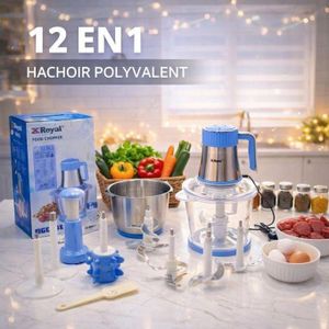 Hachoir Électrique Multifonction 12 en 1 – Mixeur Cuisine Haute Performance – Découpe Légumes, Hachoir Viande, Blender, Râpe et Accessoires Complets