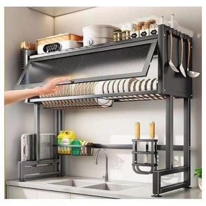 Sd  Grand égouttoir à vaisselle pour plan de travail de cuisine à 2 niveaux avec porte-ustensiles, porte-planche à découper, plateau de vidange