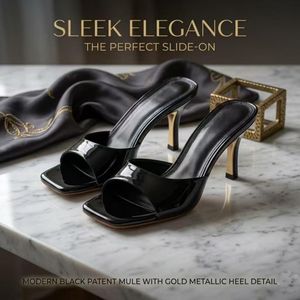 Women's Black Patent Leather Square Toe Mule Sandals Mid Heel Slide Sandals