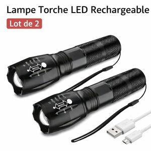 Mythco Lot de 2 lampes torches LED rechargeables, 1000 lm, 3 modes, zoom réglable, usage domestique et camping