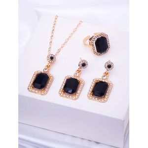 Ensemble Bijoux Femme 3 Pièces - Collier, Bague & Boucles d'Oreilles - Pierres Noires et Cristaux - Plaqué Or