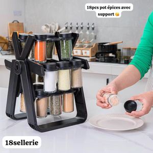Set de 18 Pots à Épices avec Support Rotatif Noir - Design Grande Roue