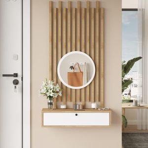 Senebuy Console avec Miroir et Panneaux à Lattes en Bois – Blanc Panier (CS4-SW)