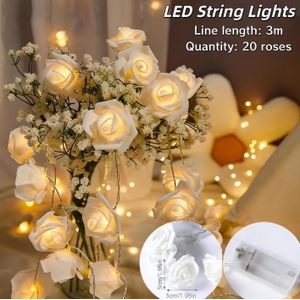 Guirlandes lumineuses LED - Roses, éclairage d'ambiance, guirlande florale de 3m à piles avec 20 LEDs, guirlande de fleurs suspendue pour mariage, chambre, décoration de Noël  - fleurs artificielles(Blanc)