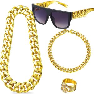 Lot 4 Accessoires Hip Hop Homme, Collier et Bracelet Maillon Cubain Doré, Bague Strass, Lunettes de Soleil, Kit Déguisement Rappeur