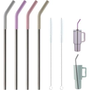 Replacement Straws for 40oz Tumblers,Metal Straws Reusable for Stanley 40oz Cup, 40 oz Tumbler Straw for Simple Modern,4 Pack 12" Extra Long Stainless Steel Straws with Silicone Tips and Cleaner Brush