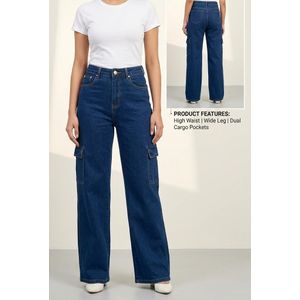 Pantalon Jean Cargo Femme - Coupe Droite Wide Leg - Taille Haute - Bleu Classique