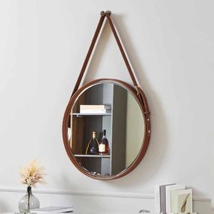 Miroir rond décoratif mural avec une sangle en simili cuir marron (Petite taille)
