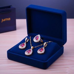 Parure de Bijoux - Plaquée Or 24K - Collier, Boucles & Bague - Rouge Rubis