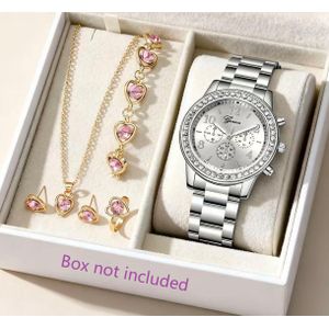 Ensemble Montre Femme Strass Bijoux Coeur Collier Bracelet Bague Boucles d'oreilles Cadeau Usage Quotidien