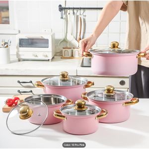 Ensemble de 10 pièces en acier inoxydable, compatible avec les plaques à induction, comprenant une casserole, un pot à fromage et une cocotte à double poignée avec couvercle - Rose
