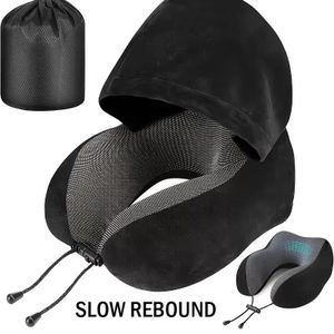 GALUIN Oreiller de voyage à capuche pour avion, oreiller cervical en velours et mousse à mémoire de forme - Noir