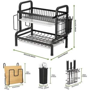CYFAZA Grand égouttoir à vaisselle pour plan de travail de cuisine à 2 niveaux avec porte-ustensiles, porte-planche à découper, plateau de vidange